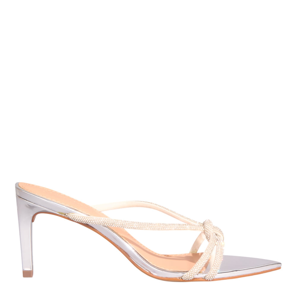 Mule Metalizado Bico Folha Strass Brilhante Salto Fino Prata