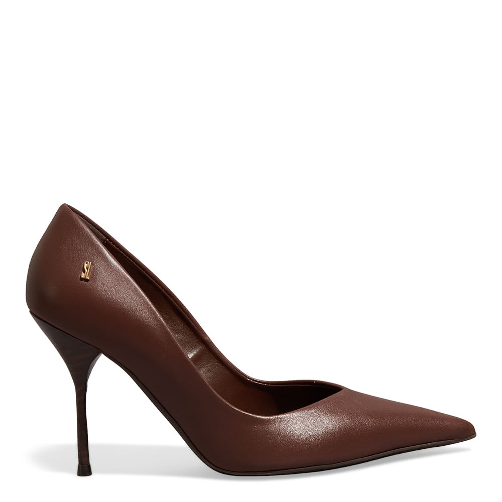 Scarpin One Couro Bico Fino Marrom Salto Agulha