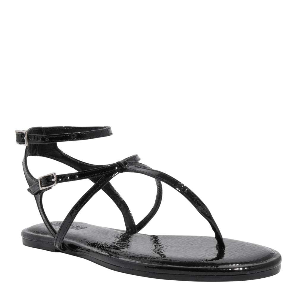 Rasteira Verniz Glossy Preto Bico Redondo
