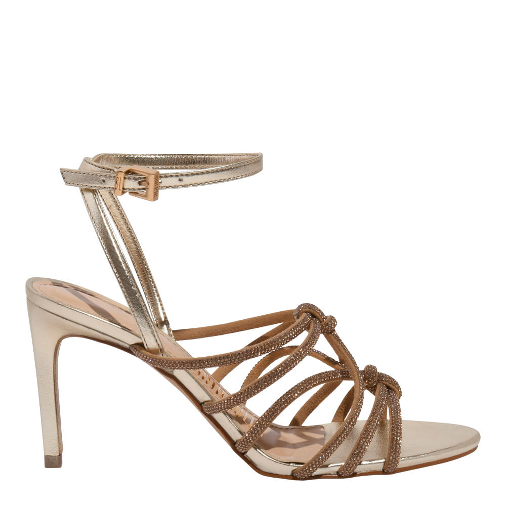 Sandália Strass Metalizada Soft Dourada Salto Alto Fino