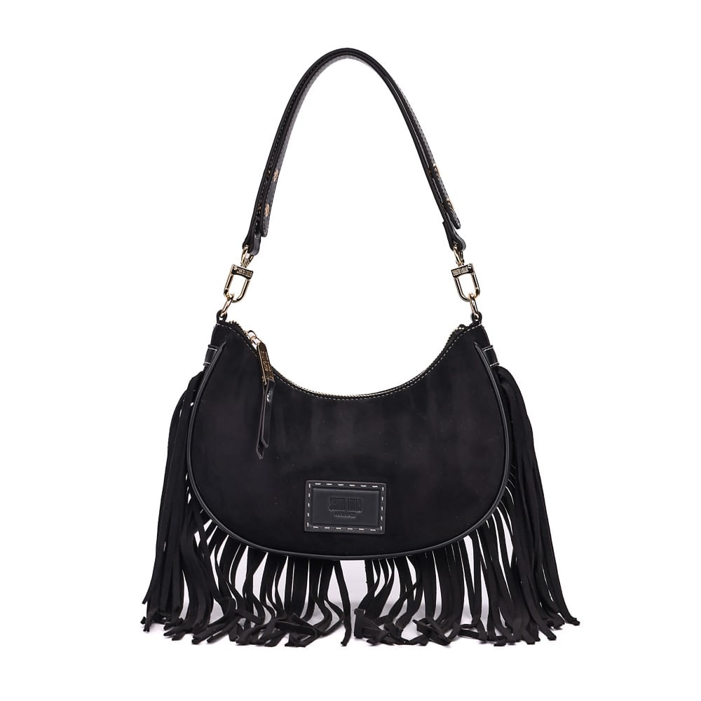 Bolsa Hobo Camurça Preta Franjas Alça de Ombro
