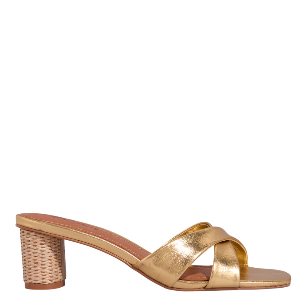Mule Metalizado Dourado Salto Bloco Tramado