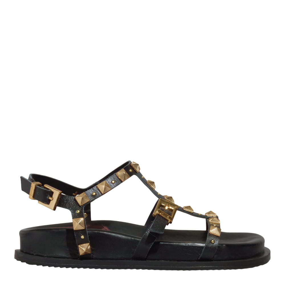 Papete Couro Confort Preta Tiras Spikes