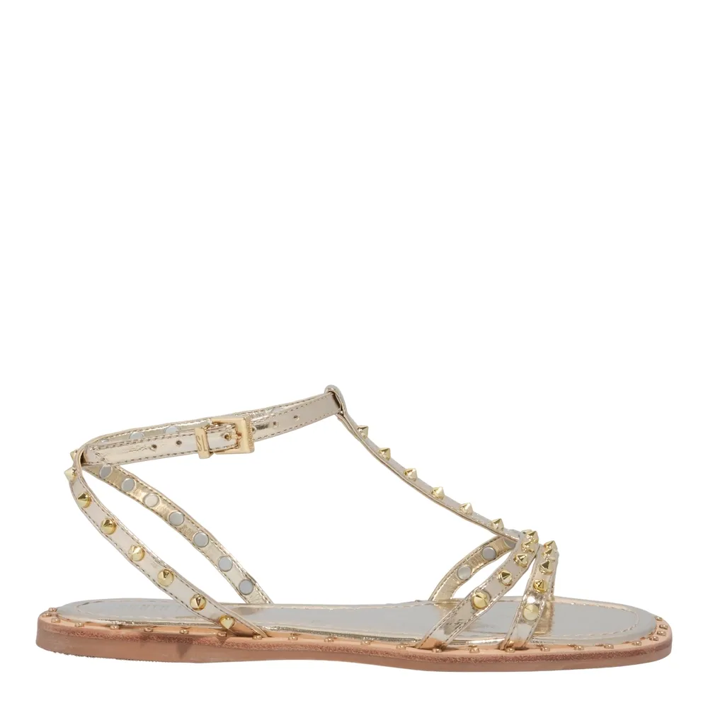 Rasteira Metalizada Reflexo Dourada Tiras Spikes