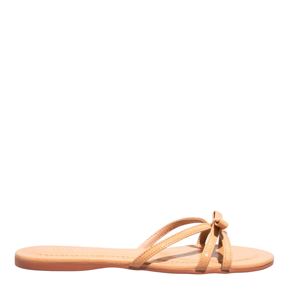 Rasteira Flat Verniz Glossy Tiras Laço Bege