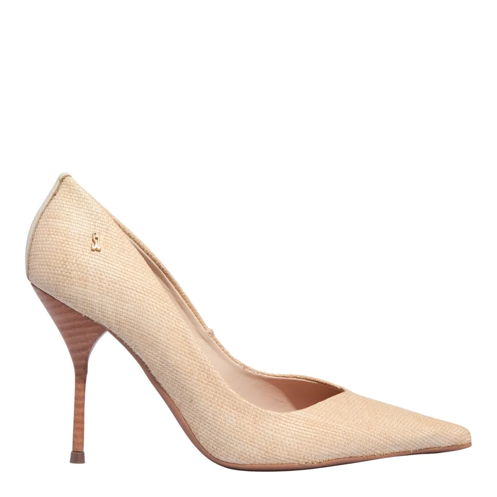 Scarpin Palha Off White Bico Fino Salto Agulha