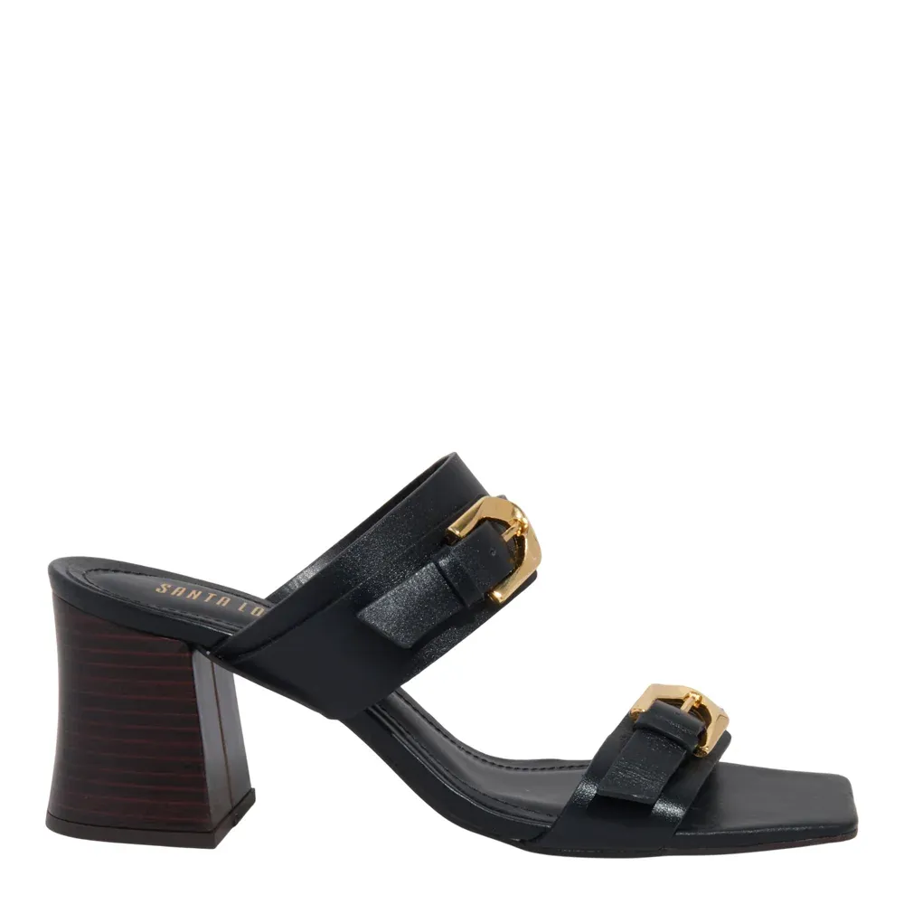 Mule Couro Preto Bico Quadrado Salto Bloco