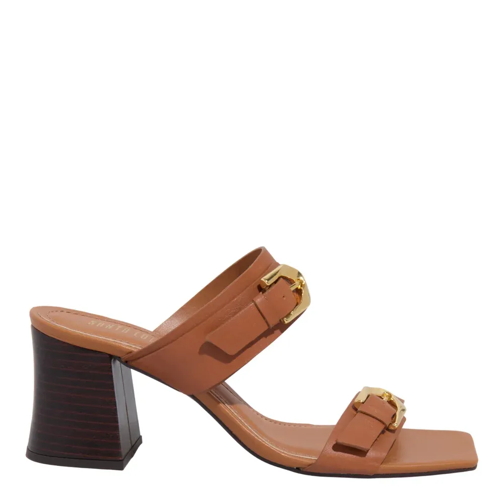 Mule Couro Caramelo Bico Quadrado Salto Bloco