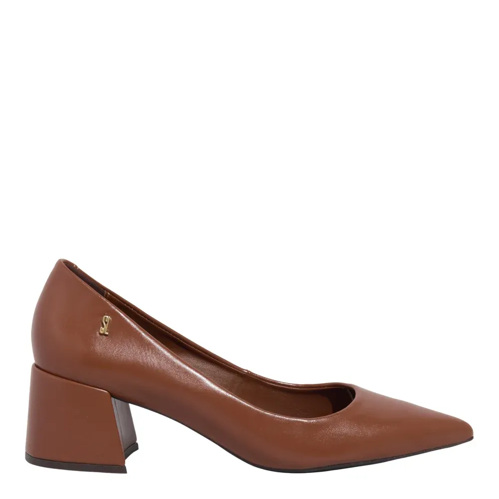 Scarpin Napa Madri Marrom Bico Fino Salto Bloco