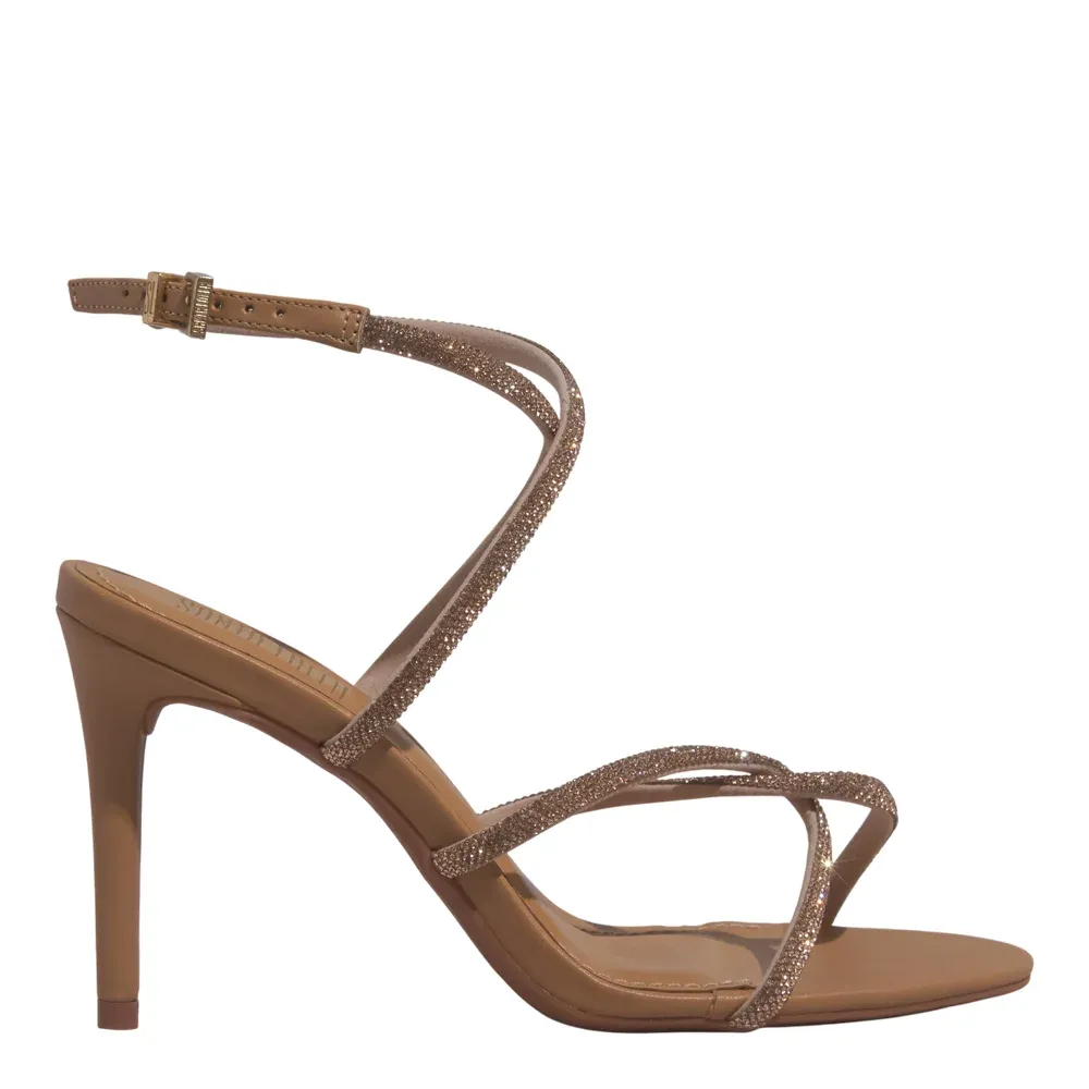 Sandália Napa Soft Strass Brilho Salto Alto Fino Bege