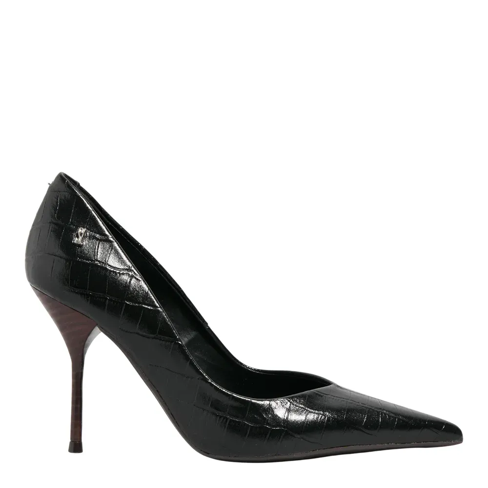 Scarpin Croco Italiano Bico Fino Salto Agulha Preto