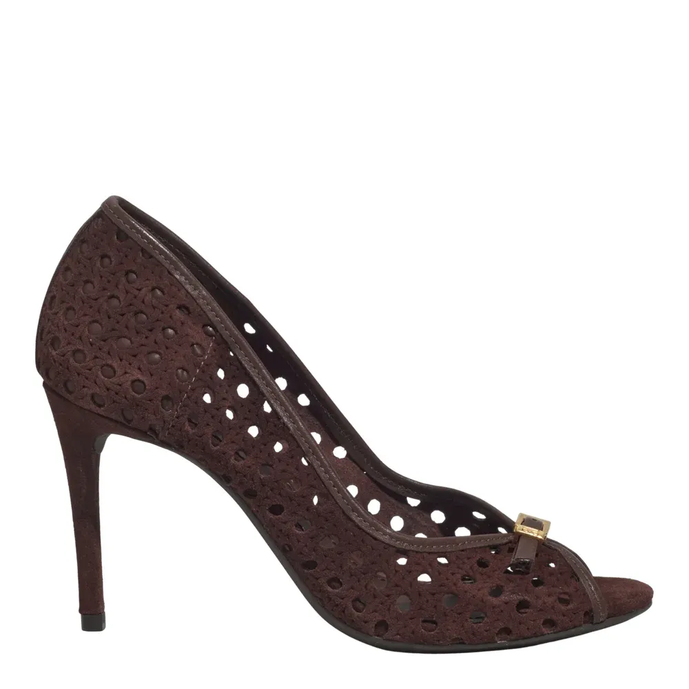 Peep Toe Couro Camurça Tressê Marrom Dark Salto Alto Fino