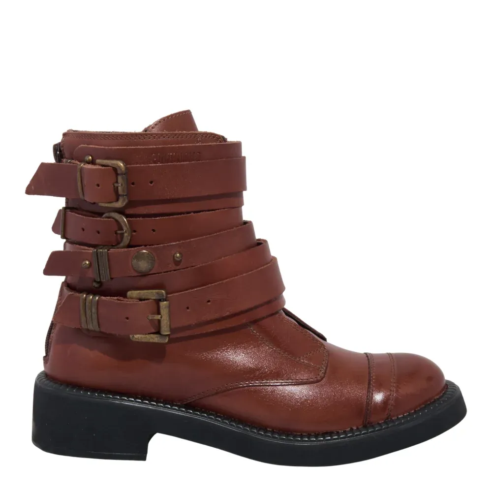 Bota Coturno Fivelas Couro Confort Marrom Safari