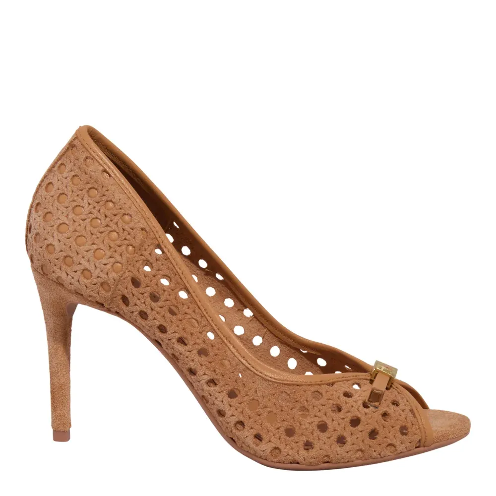 Peep Toe Couro Camurça Tressê Caramelo Salto Alto Fino