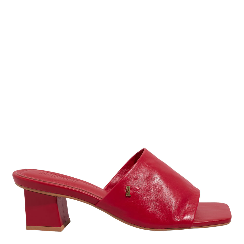Mule Couro Nobre Soft Vermelho Blood Salto Bloco Bico Quadrado