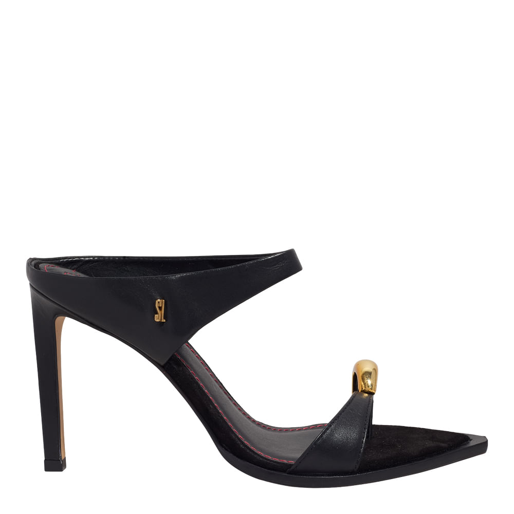 Mule Couro Pelica Soft Preto Bico Folha Salto Alto Fino