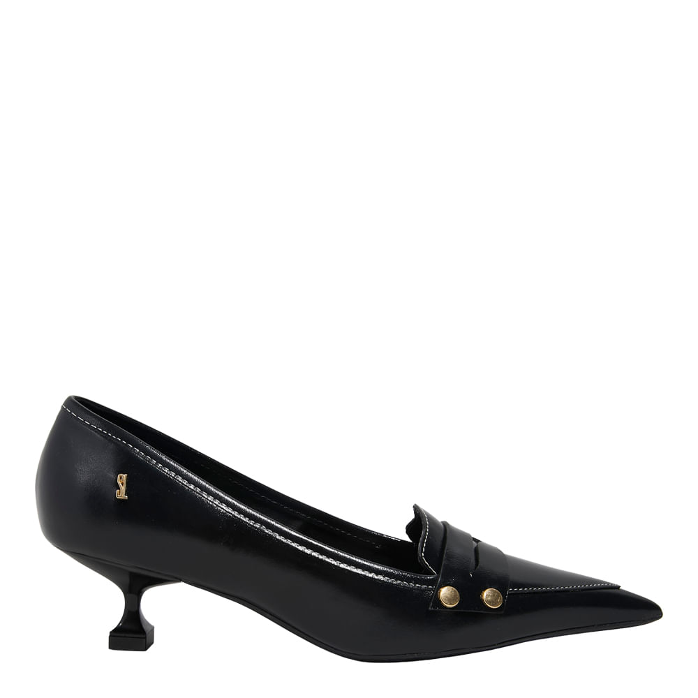 Scarpin Couro Confort Preto Bico Fino Salto Baixo