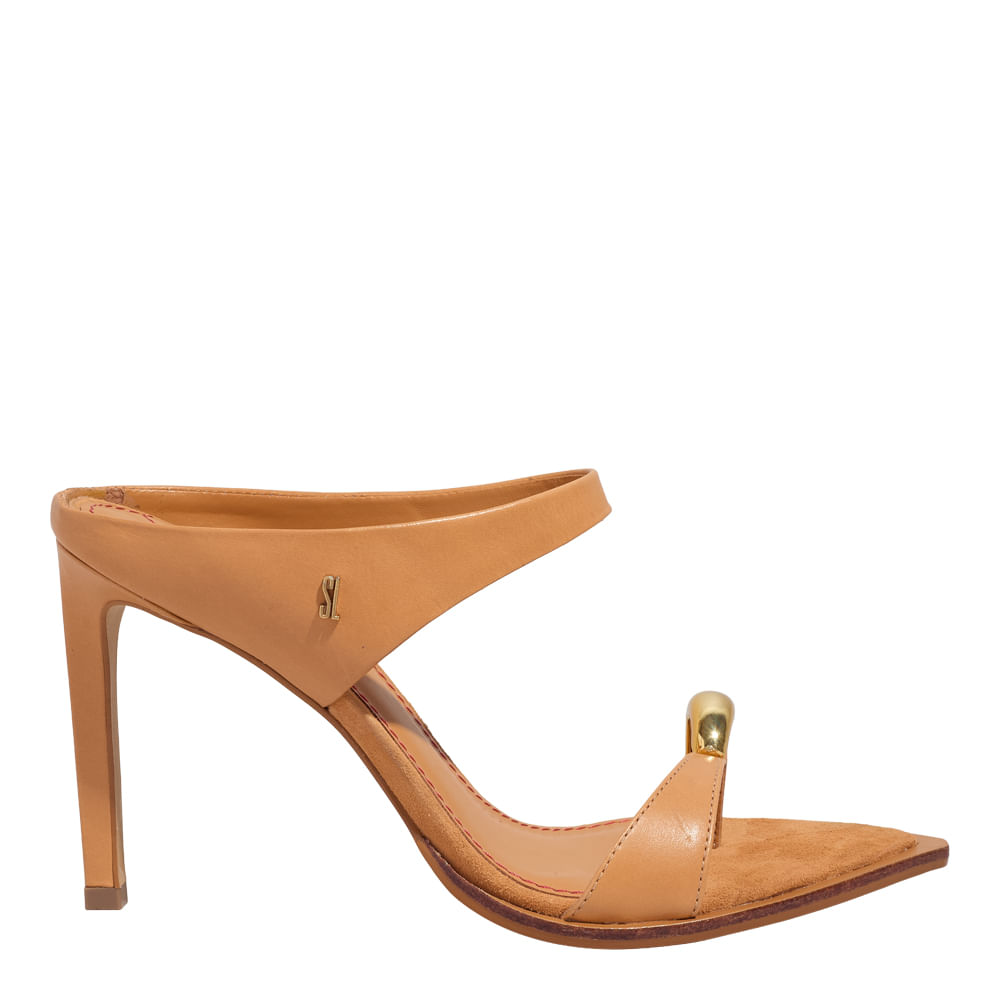Mule Couro Pelica Soft Marrom Doce de Leite Bico Folha Salto Alto Fino