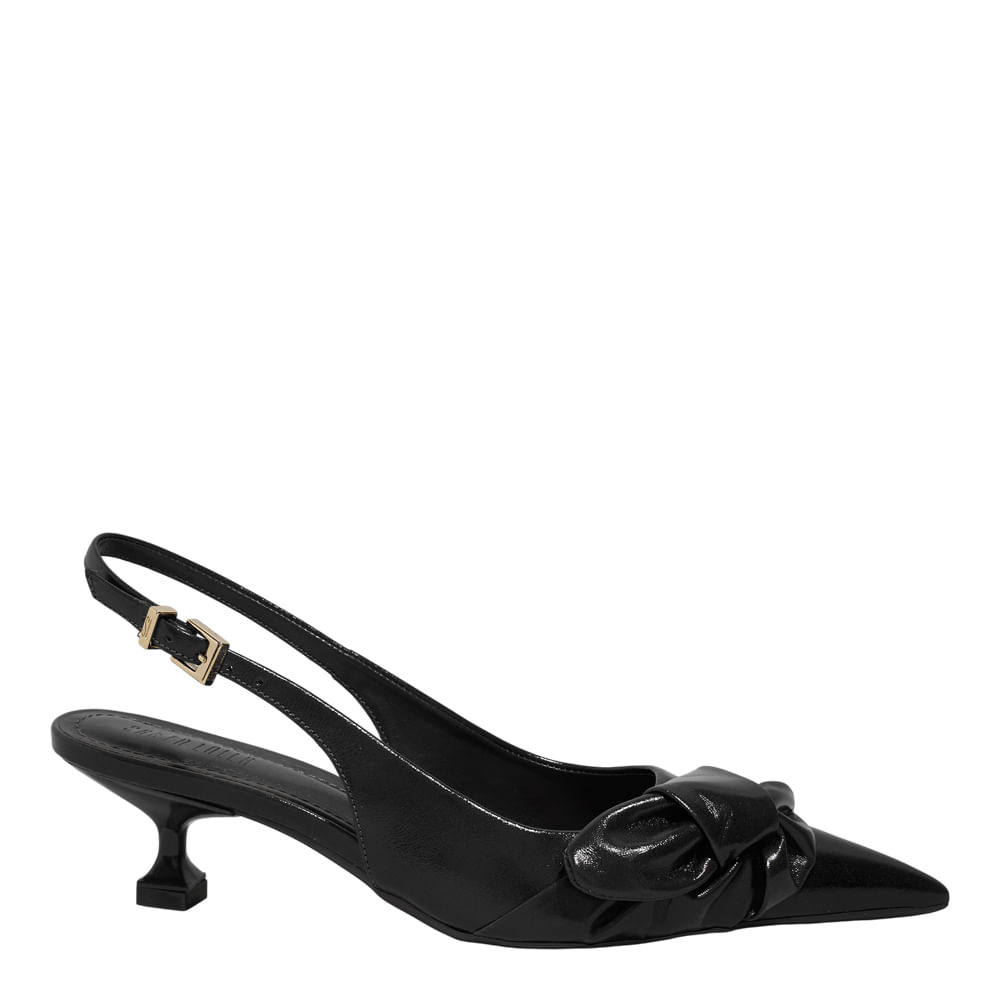 Scarpin Laço Couro Confort Preto Bico Fino Salto Baixo