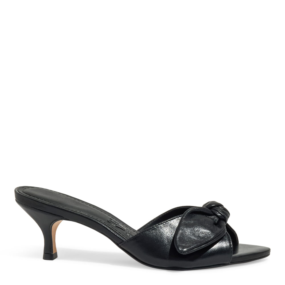 Mule Laço Couro Nobre Soft Preto Salto Baixo Fino