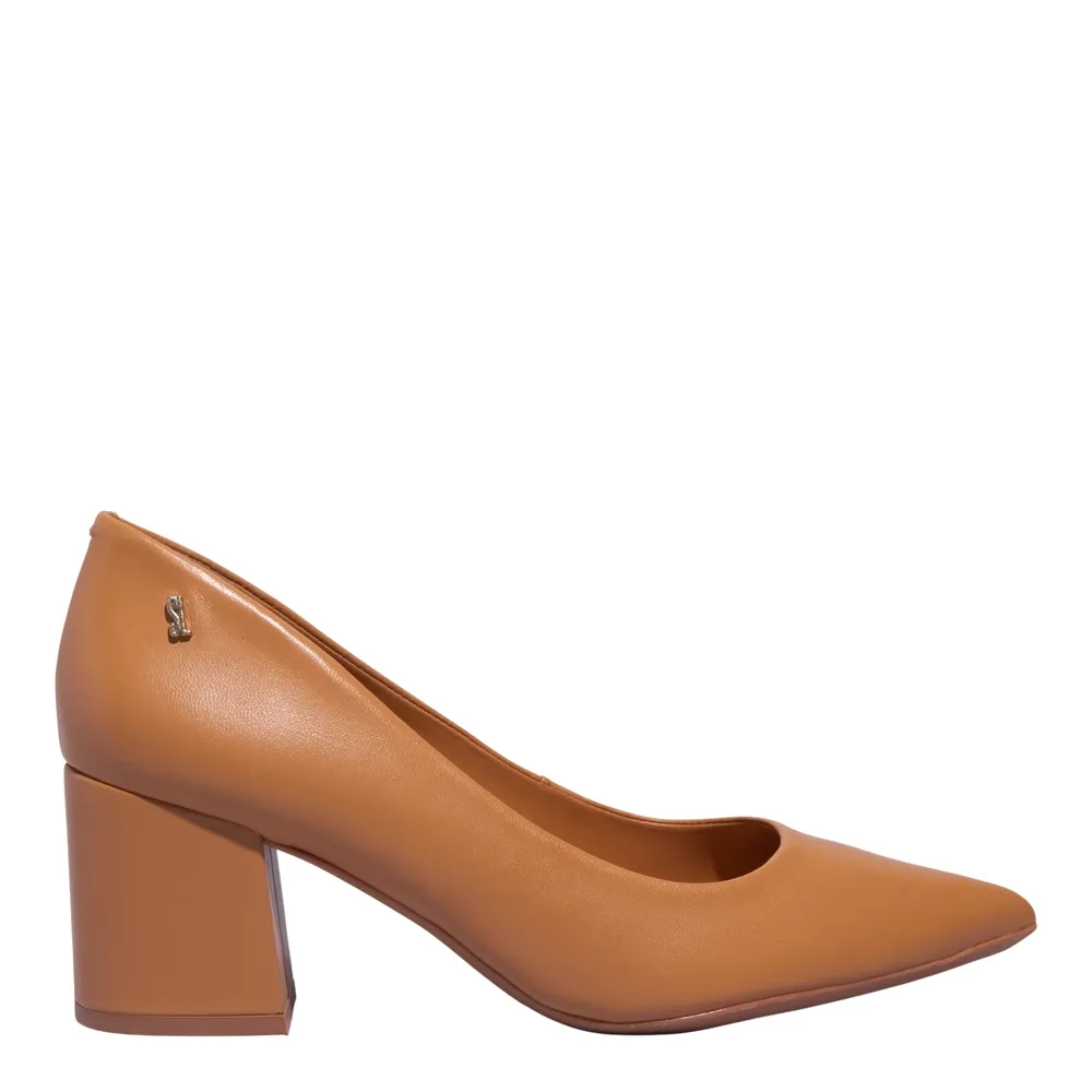 Scarpin Couro Pelica Soft Bico Fino Salto Bloco Caramelo