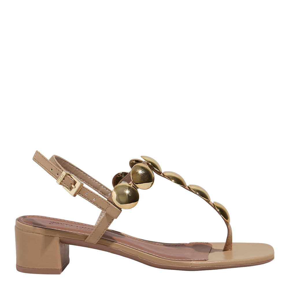 Sandália Tachas Napa Soft Bege Palha Salto Bloco