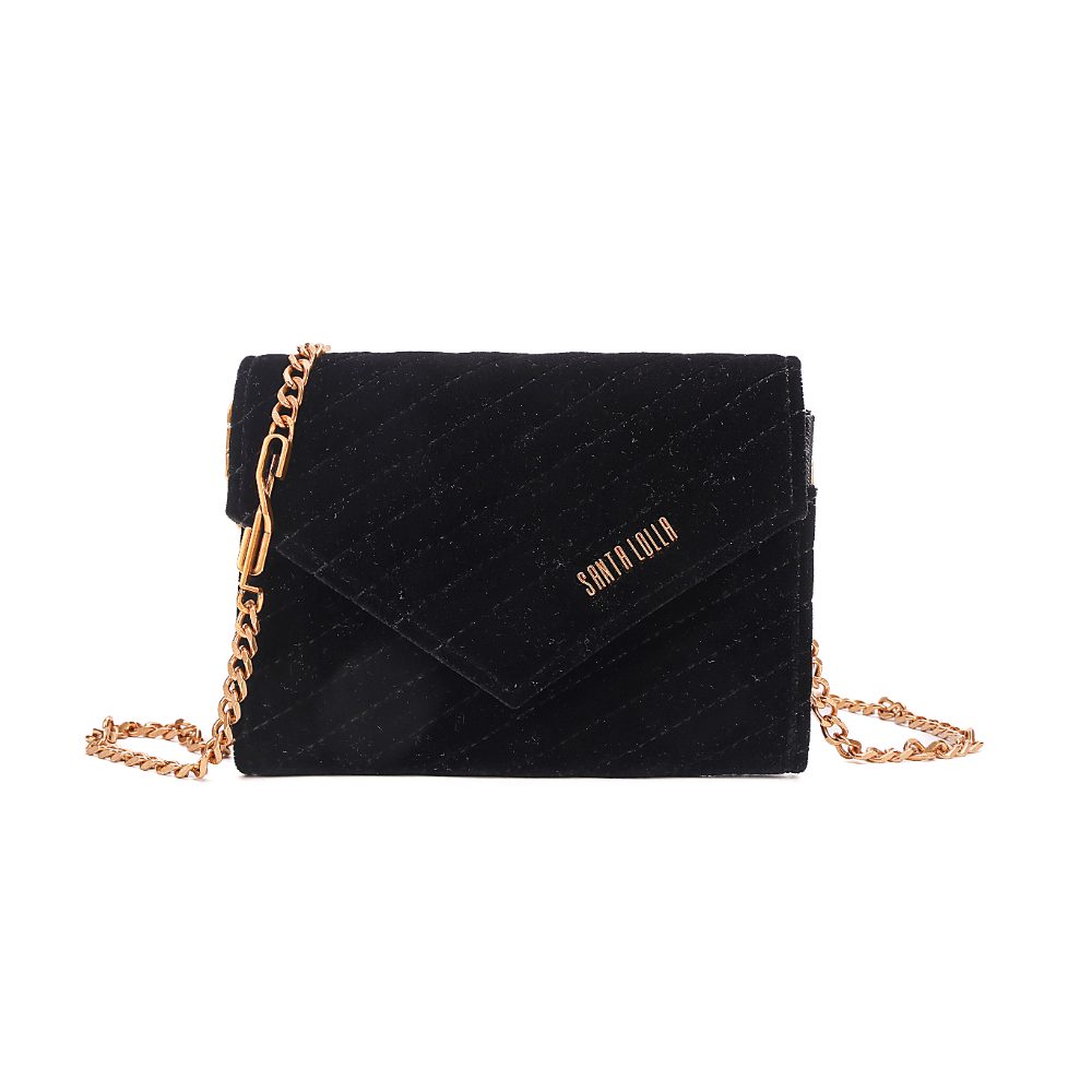 Bolsa Carteira Veludo Preto Alça Transversal Corrente