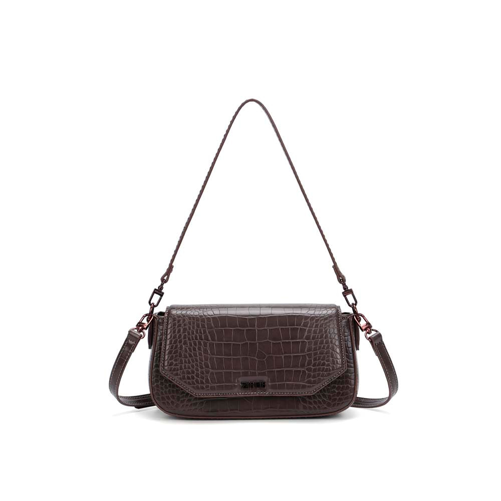 Bolsa Baguete Média Croco Marrom Dark Alça De Ombro