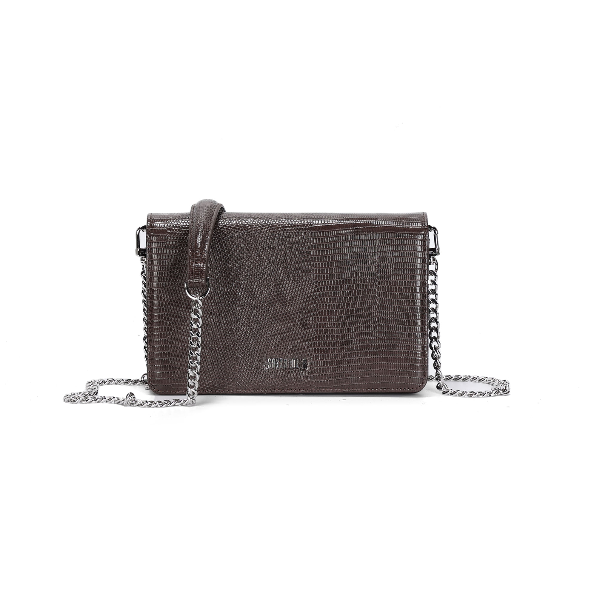 Bolsa Pequena Material Lizard Marrom Dark Alça Transversal Corrente