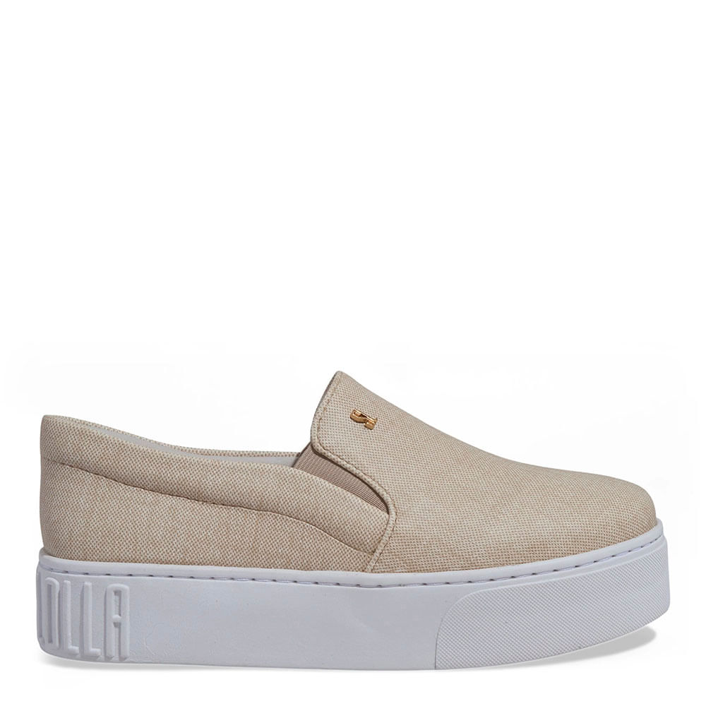 Tênis Slip On Plataforma Tecido Linho Bege