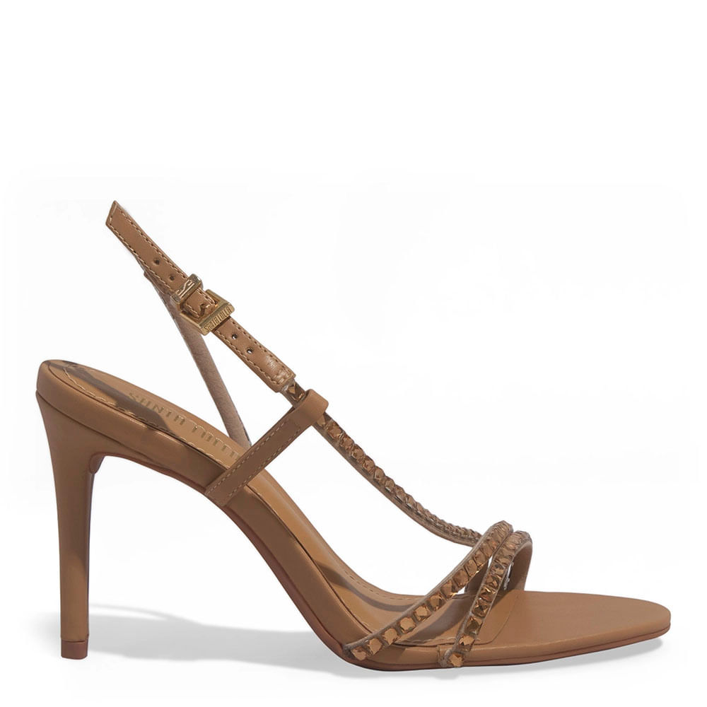 Sandália Napa Soft Bege Strass Salto Alto Fino