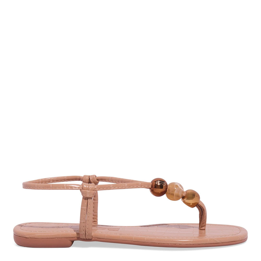 Rasteira Croco Miçangas Bico Quadrado Bege