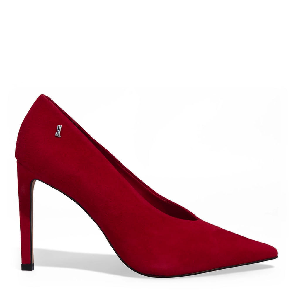 Scarpin Couro Camurça Vermelho Bico Fino Salto Alto