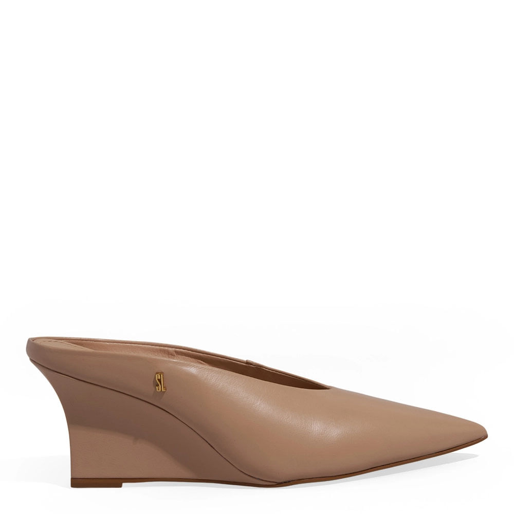 Scarpin Mule Couro Pelica Anabela Bege