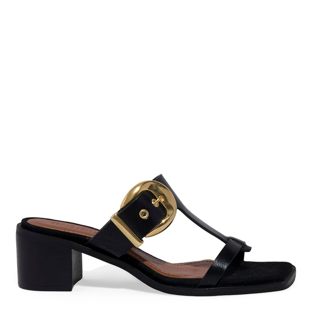 Mule Couro Preto Bico Quadrado Fivela