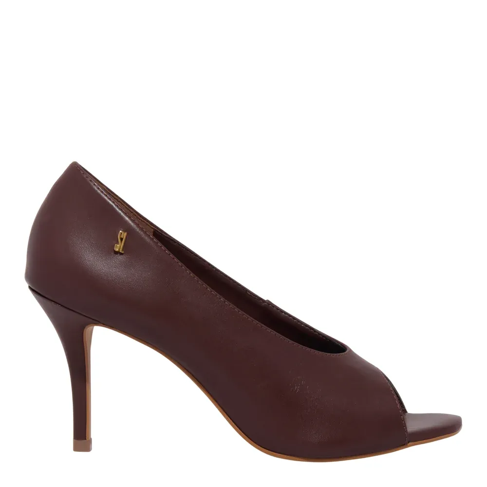 Peep Toe Couro Salto Médio Fino Marrom Dark