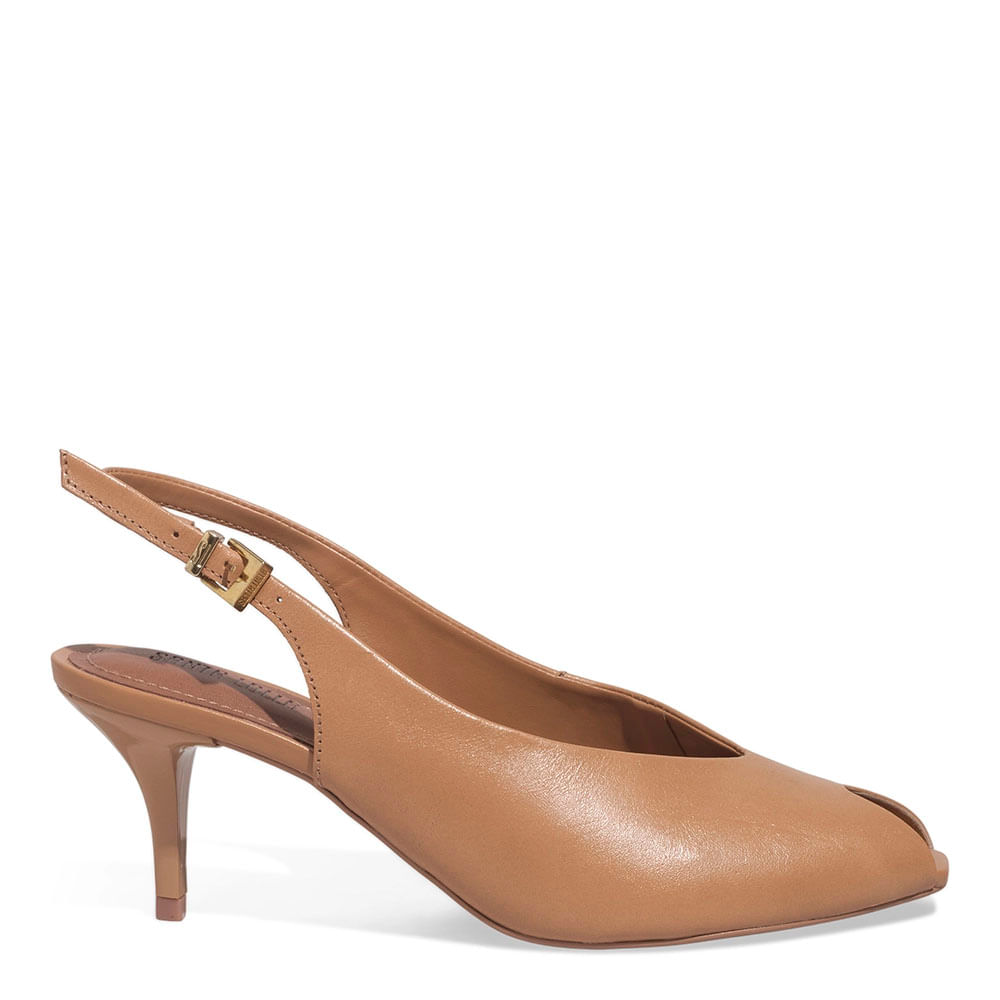 Peep Toe Slingback Couro Marrom Salto Baixo
