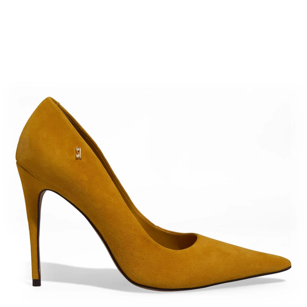 Scarpin Couro Camurça Amarelo Salto Alto Fino