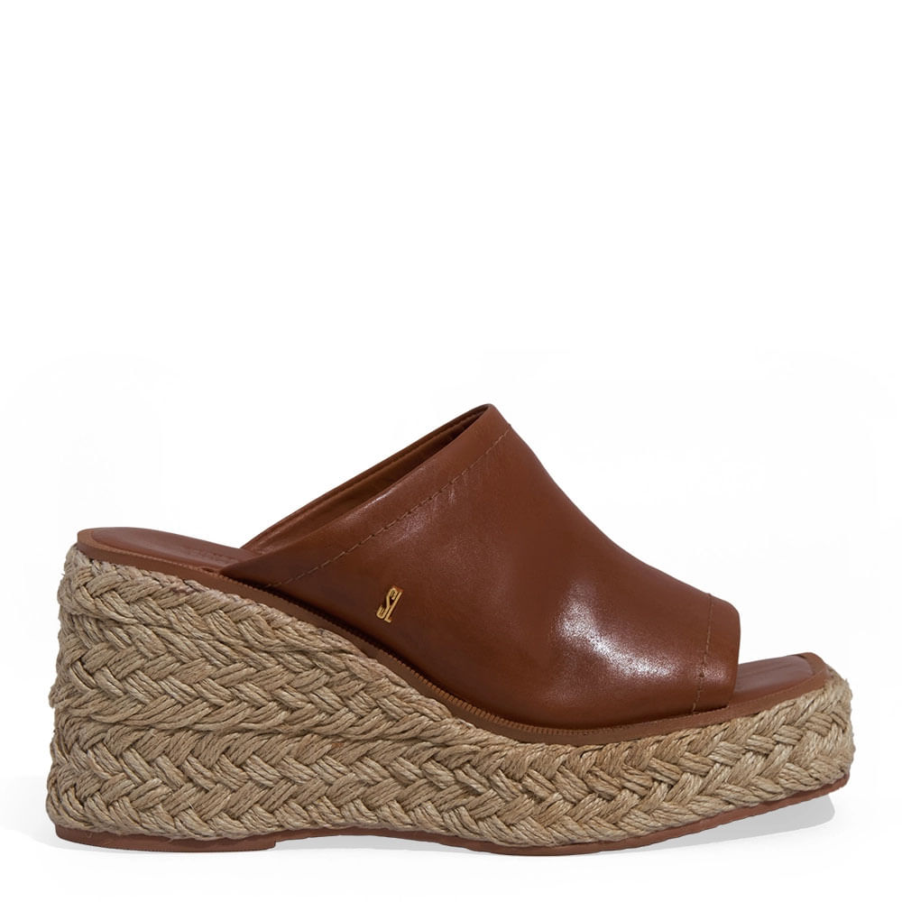 Mule Espadrille Anabela Couro Confort Marrom