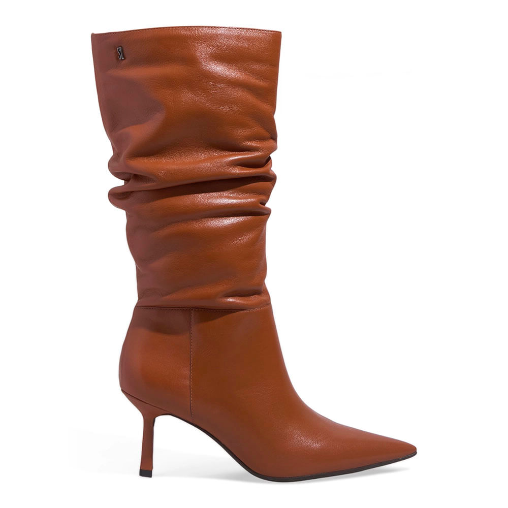 Bota Drapeado Couro Soft Cano Longo Slouch Bico Fino Caramelo