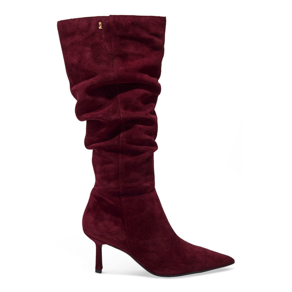 Bota Couro Camurça Cano Longo Slouch Bico Fino Roxa