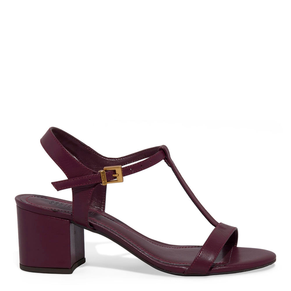 Sandália Couro Confort Salto Bloco Roxo Berry