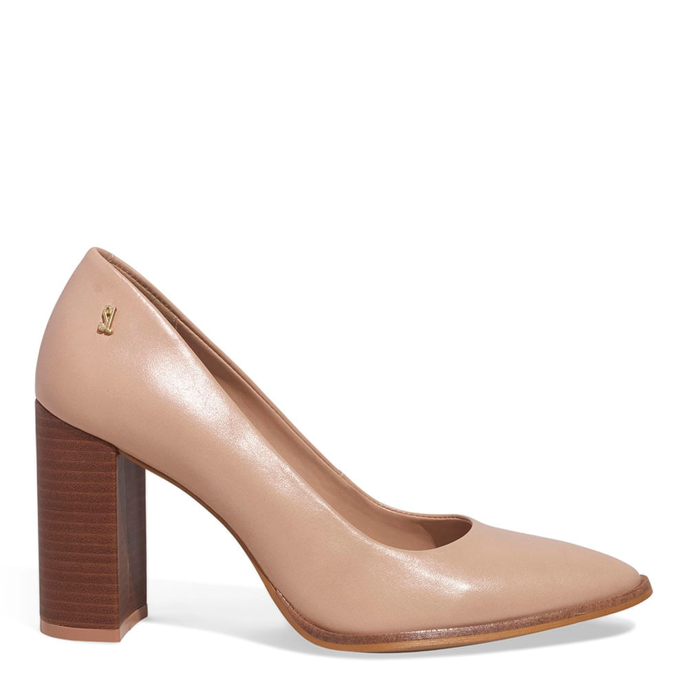 Scarpin Boneca Couro Salto Alto Bloco Bege