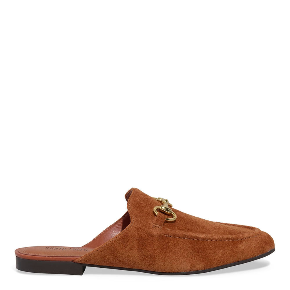 Mule Mocassim Couro Camurça Bico Redondo Marrom Brick