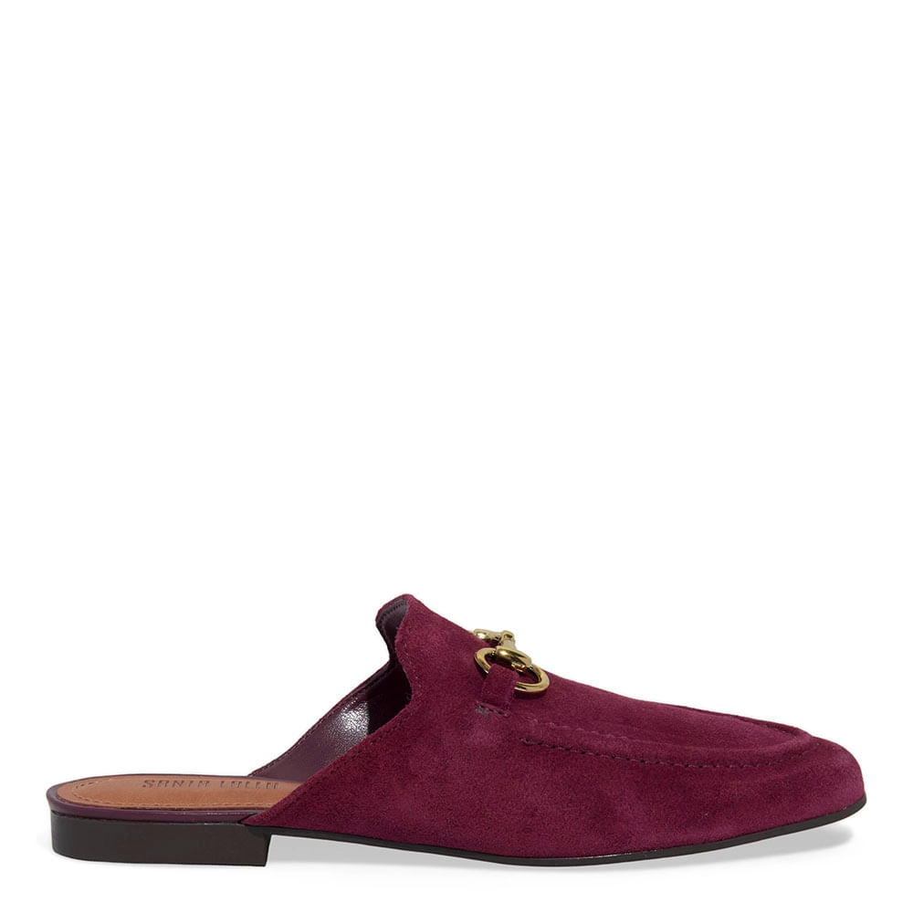 Mule Mocassim Couro Camurça Bico Redondo Roxo Berry