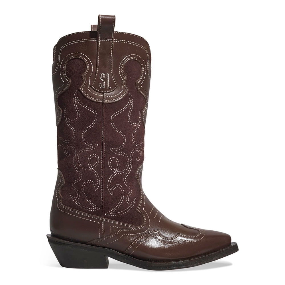 Bota Western Couro Camurça Cano Longo Marrom Dark