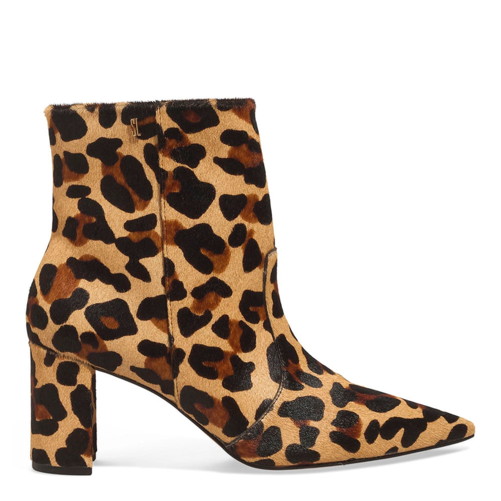 Bota Couro Pelo Bico Fino Salto Bloco Animal Print Onça