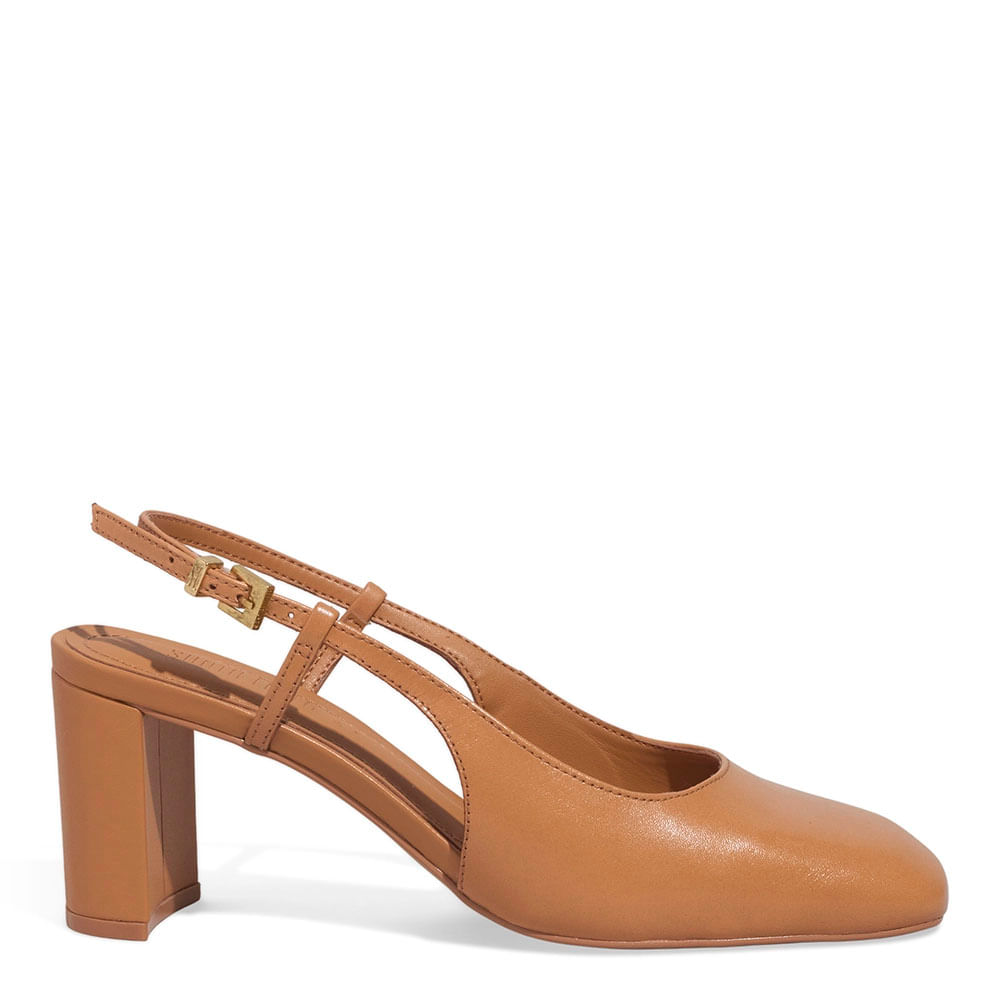 Scarpin Boneca Slingback Couro Nobre Salto Grosso Caramelo
