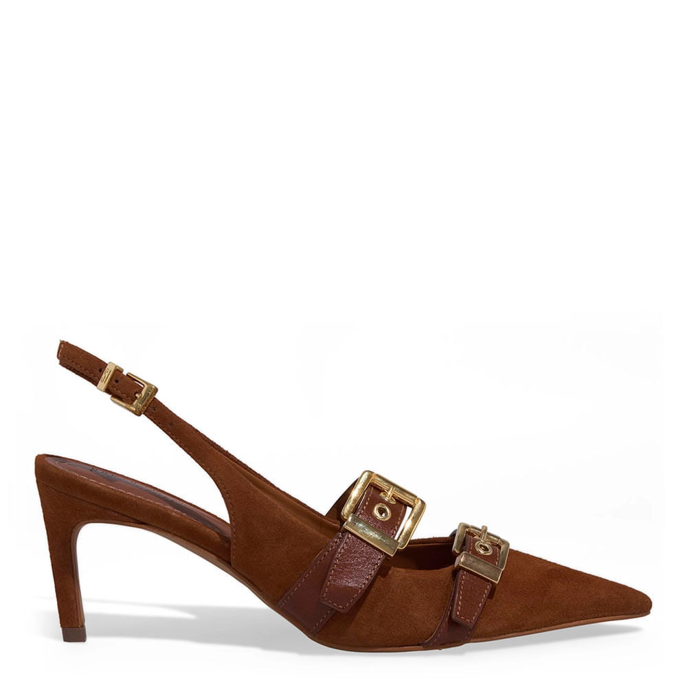 Scarpin Slingback Couro Camurça Salto Fino Marrom Safari