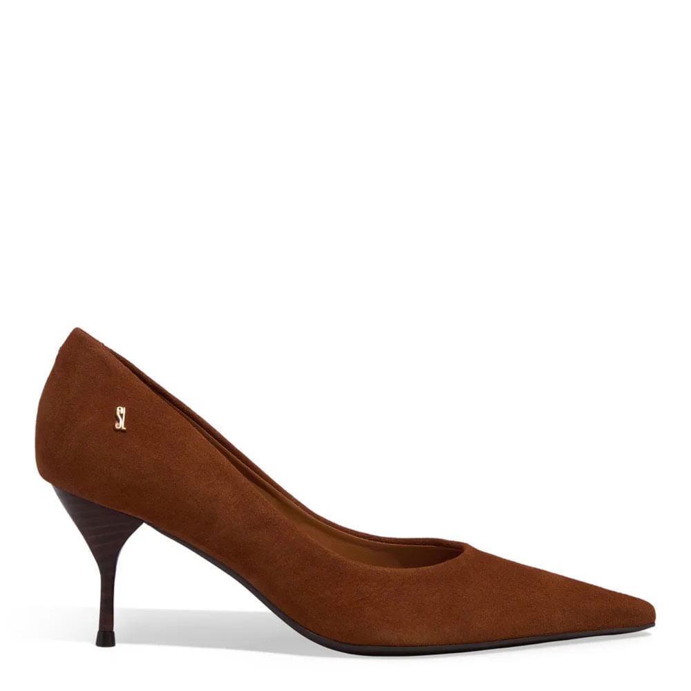 Scarpin Couro Nobuck Salto Agulha Marrom Safari